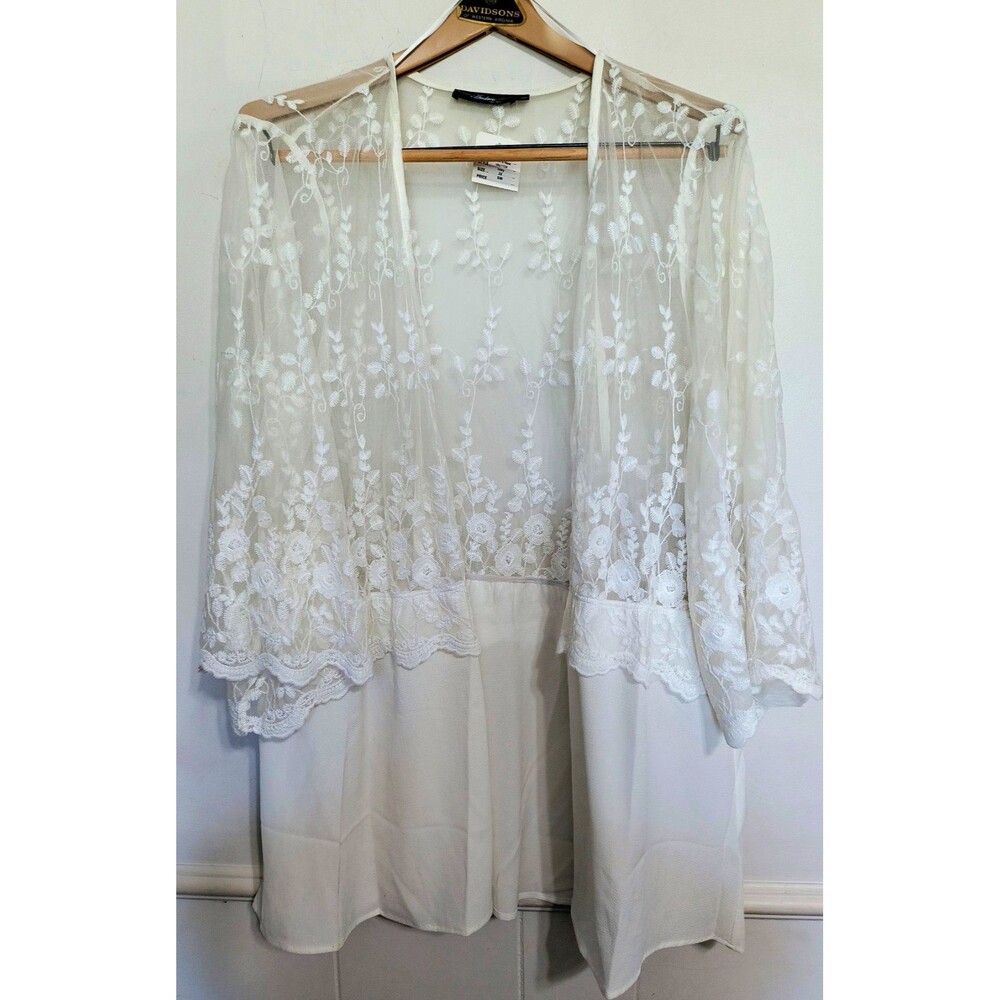 Andrée by UNIT Ivory Floral Lace Sheer Open Front 3/4 Sleeve V-Neck Blouson 2X